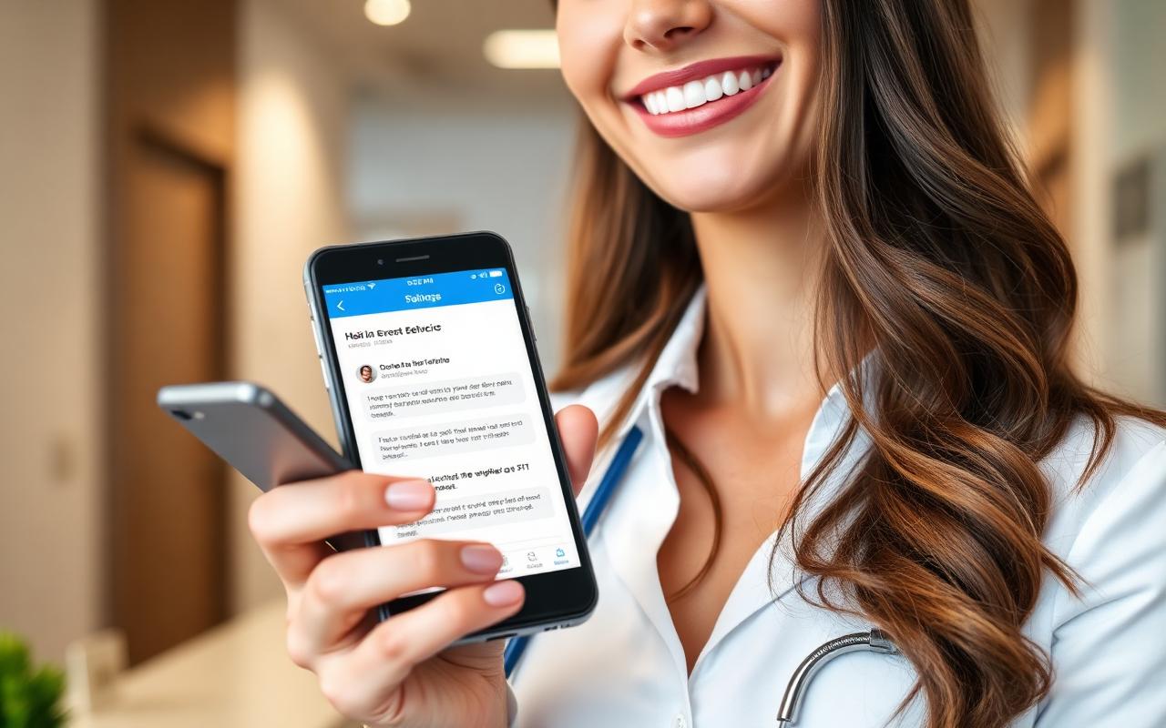 Smartphone showing fast SMS follow-up with patient inquiries and a stopwatch indicating speed-to-lead