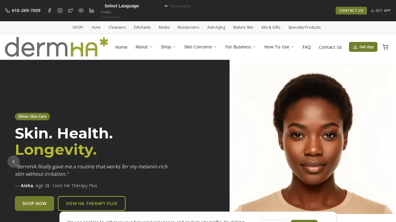 dermHA Skincare website screenshot